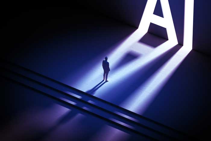 AI letters as a door with light