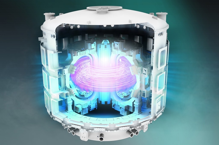 Rendering of ITER tokamak with slice removed showing the interior with plasma